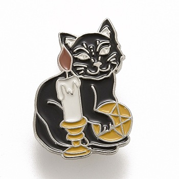 Cat and Candle Enamel Pin, Animal Alloy Badge for Backpack Clothes, Platinum, Black, 28x20x1.5mm, Pin: 1.2mm