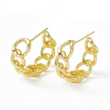 Brass Curb Chain Shaped Stud Earrings for Women, Real 18K Gold Plated, 23.5x24x8mm, Pin: 0.9mm