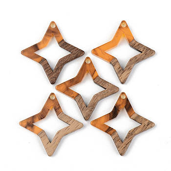 Resin & Walnut Wood Pendants, Star, Orange, 29.5x29.5x3mm, Hole: 2mm