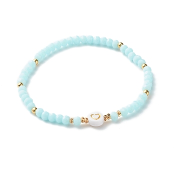 Glass Beads Stretch Bracelets, with Acrylic & Brass Beads, Flat Round with Heart Pattern, Light Sky Blue, Inner Diameter: 2-1/4 inch(5.7cm)