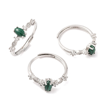 Horse Eye Natural Malachite Adjustable Rings, Brass Clear Cubic Zirconia Ring for Women, Long-Lasting Plated, Lead Free & Cadmium Free, Platinum, Inner Diameter: 19mm