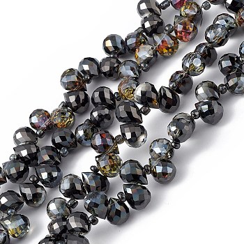 Transparent Electroplate Glass Beads Strands, Faceted, Top Drilled Teardrop, Half Plated, Black, 10x7.5~8mm, Hole: 0.8~1mm, about 95~100pcs/strand, 23.23~26.77(59~68cm)