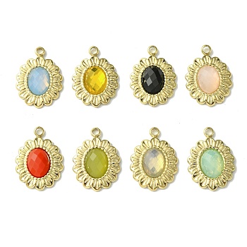 Ion Plating(IP) Real 14K Gold Plated 304 Stainless Steel with Glass Pendant, Oval Flower Charms, Mixed Color, 18x13x3.5mm, Hole: 1.6mm