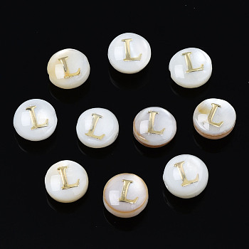 Natural Freshwater Shell Beads, with Golden Plated Brass Etched Metal Embellishments, Flat Round with Letter, Seashell Color, Letter.L, 6x4mm, Hole: 0.8mm