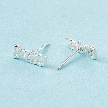 Brass Word Baby Stud Earrings for Women, Cadmium Free & Lead Free, 925 Sterling Silver Plated, 5x12mm, Pin: 0.8mm