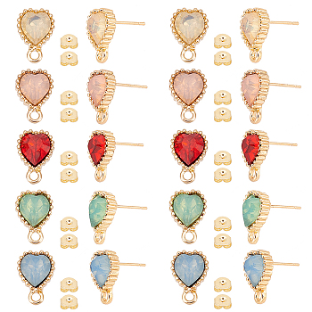 20Pcs 5 Color Alloy Stud Earring Finding, with Resin Rhinestone and Horizontal Loops, Heart, with 100Pcs Ear Nut, Golden, Mixed Color, 15x10mm, Hole: 2mm, Pin: 0.8mm, 4Pcs/style