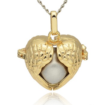 Golden Tone Brass Hollow Heart Cage Pendants, with No Hole Spray Painted Brass Ball Beads, Silver, 28x30x16mm, Hole: 3x8mm