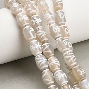 Tibetan Style dZi Beads Strands, Natural Agate Beads Strands, Dyed & Heated, Barrel Beads, Light Grey, Human Pattern, 12x8mm, Hole: 1.2mm, about 30pcs/strand, 13.98''(35.5cm)