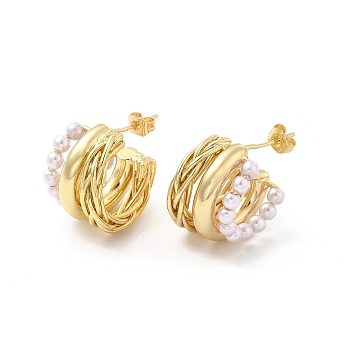 Brass Thick Arch Stud Earring, Rotating ABS Pearl Beaded Half Hoop Earrings for Anxiety Stress Relief Jewelry, Golden, 19.5x19.5x13mm, Pin: 0.8mm