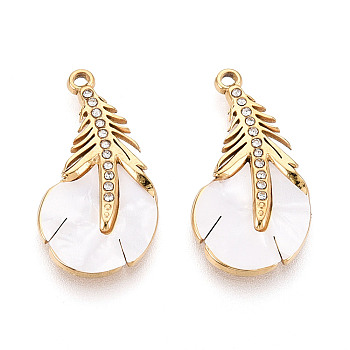 304 Stainless Steel & Enamel & Rhinestone Pendants, Feather Charms, Golden, White, 24.5x13x2.5mm, Hole: 1.5mm
