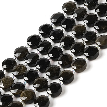 Natural Golden Sheen Obsidian Bead Strands, Faceted, Flat Round, 10~10.5x10.5~11x5.5~6mm, Hole: 1mm, about 29pcs/strand, 14.76 inch(37.5cm)