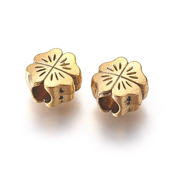 Tibetan Style Alloy European Beads, Lead Free & Cadmium Free & Nickel Free, Flower, Great for Mother's Day Gifts making, Antique Golden Color, Size: about 10mm long, 10mm wide, 6mm thick, hole: 4mm