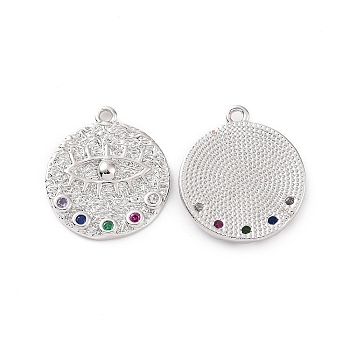 Brass Micro Pave Colorful Cubic Zirconia Pendants, Flat Round with Eye Charm, Platinum, 17x15x2mm, Hole: 1.2mm
