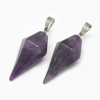 Natural Amethyst Pendants, with Platinum Tone Brass Findings, Bicone, 36~38x16.5x14.5~15mm, Hole: 5x8mm