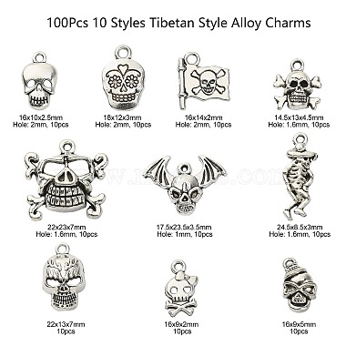 100Pcs 10 Styles Tibetan Style Alloy Pendants(SKUL-CJ0001-01)-2