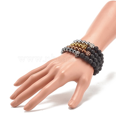 4Pcs 4 Color Natural Lava Rock & Synthetic Hematite Round Beaded Stretch Bracelets Set(BJEW-JB07886)-3