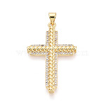 Brass Micro Pave Clear Cubic Zirconia Pendants, Cross Charms, Real 18K Gold Plated, 36x22.5x3mm, Hole: 3.5x5mm(KK-T080-08G)