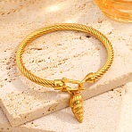 304 Stainless Steel Twist Cable Bangles, Charm Bangles,  for Women, with Hook Clasp, Real 18K Gold Plated, Shell Shape, Inner Diameter: 2.32 inch(5.9cm)(WG24028-03)