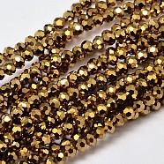 Faceted Round Full Plated Electroplate Glass Beads Strands, Golden Plated, 4mm, Hole: 1mm, about 100pcs/strand, 14.9 inch(EGLA-J130-FP02)