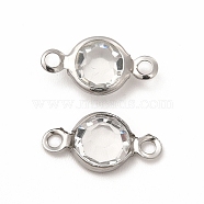 304 Stainless Steel with Glass Connector Charms, Flat Round Links, Stainless Steel Color, Clear, 12.5x7x2mm, Hole: 1.5mm(STAS-G305-08P-03)