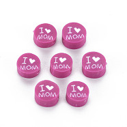 Handmade Polymer Clay Beads, Mother's Day Theme, Flat Round with Word I Love MOM, Medium Violet Red, 8~9.5x3.5~4.5mm, Hole: 1.5mm(CLAY-T019-11G)
