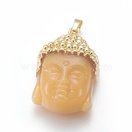 Glass Pendants, with Brass Findings, Buddha Head, Golden, Wheat, 40x26.5x16.5mm, Hole: 5x8mm(KK-I639-01CG)