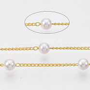 Handmade Brass Chains, with Round ABS Plastic Imitation Pearl Beads, Soldered, with Spool, Creamy White, Golden, 2x1.2x0.4mm, about 39.37 Feet(12m)/roll(CHC-T008-05G)