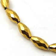 Non-magnetic Synthetic Hematite Beads Strands, Faceted, Rice, Golden Plated, 12x6mm, Hole: 1mm, about 34pcs/strand, 15 inch(G-E170-2B)