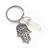 Opalite Pendant Keychains, with Alloy Pendants and Iron Rings, Bullet Shape with Hamsa Hand, 7.2cm(RELI-PW0001-075C)