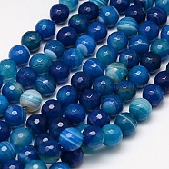 Natural Stripe Agate Beads Strands, Faceted, Dyed, Round, Marine Blue, 10mm, Hole: 1.2mm, about 38pcs/strand, 15 inch(X-G-G581-10mm-05)