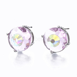 Brass Stud Earrings, with Glass and Steel Pins, Flat Round, Platinum, Plum, 14mm, Pin: 0.6mm(GLAA-S193-039A-P)