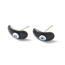 Enamel Curved Oval with Evil Eye Stud Earrings, Real 18K Gold Plated Brass Jewelry for Women, Black, 7.5x15.5mm, Pin: 0.8mm(EJEW-G334-02G-03)