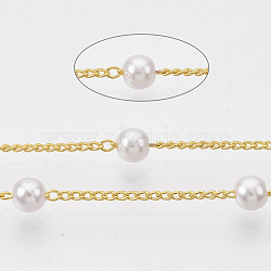 Handmade Brass Chains, with Round ABS Plastic Imitation Pearl Beads, Soldered, with Spool, Creamy White, Golden, 2x1.2x0.4mm, about 39.37 Feet(12m)/roll(CHC-T008-05G)