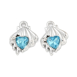 UV Plating Alloy with Rhinestone Pendants, Cadmium Free & Lead Free, Platinum, Shell Shape with Heart, Deep Sky Blue, 17.5x13.5x4mm, Hole: 1.8mm(FIND-M033-26P-01)