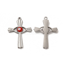 201 Stainless Steel Pendants, Cross with Enamel Evil Eye, Stainless Steel Color, 30x21.5x2.5mm, Hole: 1.5mm(STAS-J401-VF657-2)