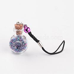 Flat Round Glass Bottle with Glass Caviar Nail Beads inside Phone Mobile Accessories, with Nylon Cord and Brass Bell, Colorful, 110mm(HJEW-JM00188-04)