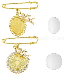 2Pcs 2 Style Oval & Flat Round Blank Glass Dome Wedding Bouquet Photo Charms Safety Pin Brooches with Crystal Rhinestone, Alloy Fairy Lapel Pins for Party Decoration, Golden, 35~45mm, 1Pc/style(JEWB-AB00007)