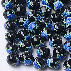 Printed & Spray Painted Glass Beads, Round with Flower Pattern, Black, 8~8.5x7.5mm, Hole: 1.4mm(GLAA-S047-03A-15)