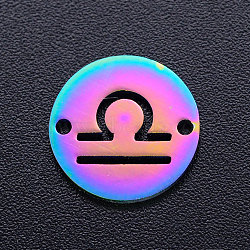 Ion Plating(IP) 201 Stainless Steel Links, Flat Round with Constellation/Zodiac Sign, Rainbow Color, Libra, 12x1mm, Hole: 1.2mm(STAS-T040-JN167-7)