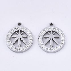 201 Stainless Steel Pendants, with Polymer Clay Crystal Rhinestone, Flat Round with Hemp leaf, Stainless Steel Color, 17x15x2mm, Hole: 1.6mm(STAS-N091-22P)