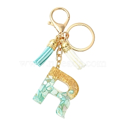 Transparent Epoxy Resin Pendant Keychains, with Iron Alloy Lobster Claw Clasp Keychain and Faux Suede Tassel Pendant Decorations, for Keychain, Purse, Backpack Ornament, Letter R, 9.5~11cm, pendant: 35~44mm long(KEYC-FS00022-18)