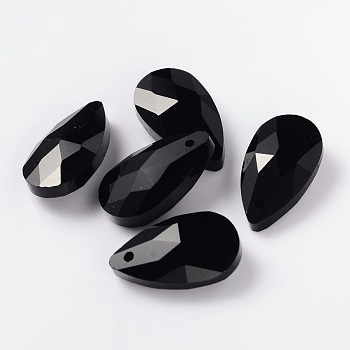 Faceted Glass Pendants, teardrop, Black, 22x13x7mm, Hole: 1mm