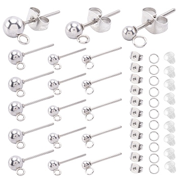 150Pcs 3 Size 202 Stainless Steel Ball Stud Earring Findings, with 304 Stainless Steel Pins and Vertical Loops, 300Pcs Ear Nuts, 150Pcs 304 Stainless Steel Jump Rings, Stainless Steel Color, 14~16mm, Hole: 1.6~2mm, Pin: 0.7mm, 50Pcs/size