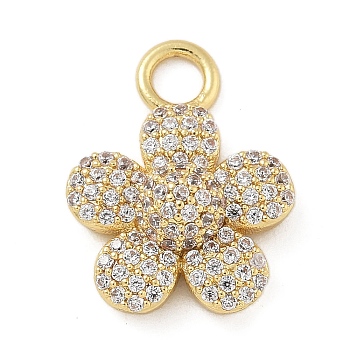 Rack Plating Brass Micro Pave Cubic Zirconia Pendants, Long-Lasting Plated, Cadmium Free & Lead Free, Flower Charms, Real 18K Gold Plated, 17.5x13.5x5mm, Hole: 3mm