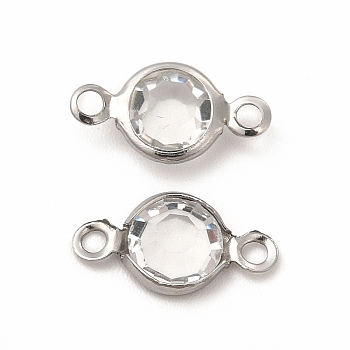 304 Stainless Steel with Glass Connector Charms, Flat Round Links, Stainless Steel Color, Clear, 12.5x7x2mm, Hole: 1.5mm