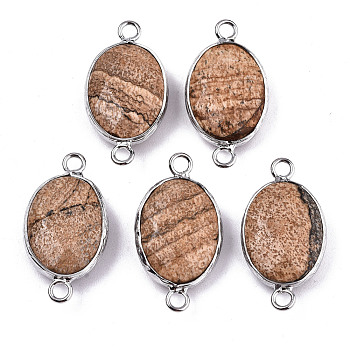 Natural Picasso Jasper Links/Connectors, Platinum Tone Brass Edge, Faceted Oval, 27.5x14~15x6mm, Hole: 2mm
