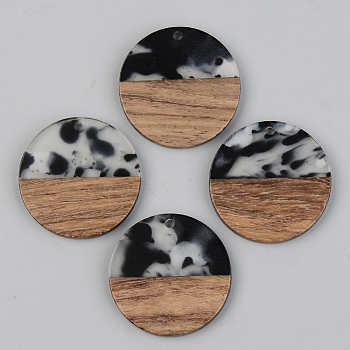 Resin & Walnut Wood Pendants, Flat Round, Black, 28x3mm, Hole: 2mm