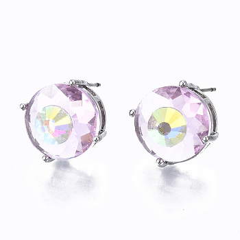 Brass Stud Earrings, with Glass and Steel Pins, Flat Round, Platinum, Plum, 14mm, Pin: 0.6mm