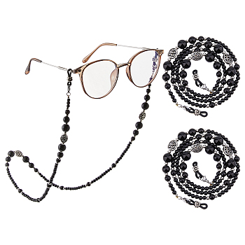 2Pcs Eyeglasses Chains, Neck Strap for Eyeglasses, with Natural Black Onyx and Synthetic Black Stone and Alloy Beads and Rubber Loop Ends, Black, 740mm, 2pcs/set