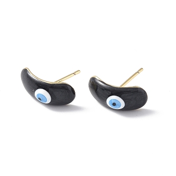 Enamel Curved Oval with Evil Eye Stud Earrings, Real 18K Gold Plated Brass Jewelry for Women, Black, 7.5x15.5mm, Pin: 0.8mm